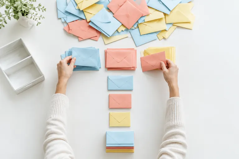 Enveloppes disposées en entonnoir sur une table, image du parcours abonné d’une newsletter